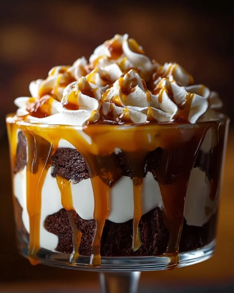 Decadent caramel brownie trifle layers of brownies, caramel, and whipped cream