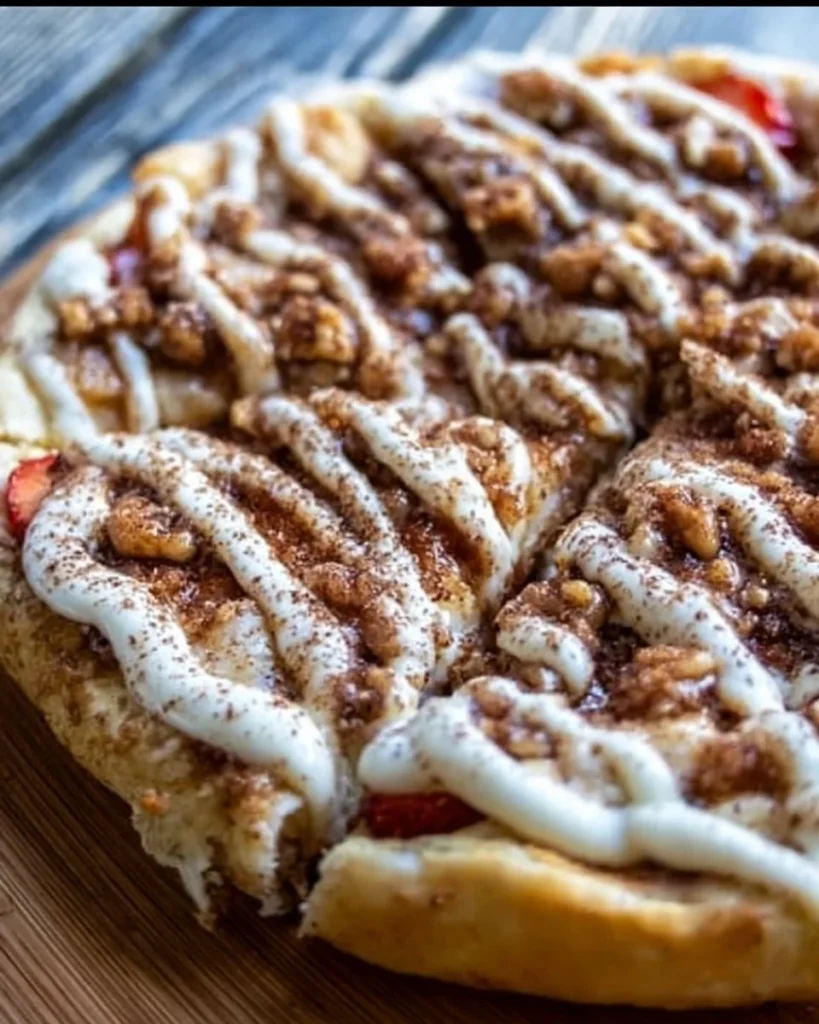 Delicious cinnamon dessert pizza topped with sweet icing and cinnamon sugar