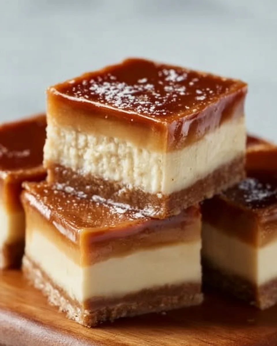 Delicious Dulce de Leche Cheesecake Bars on a white plate