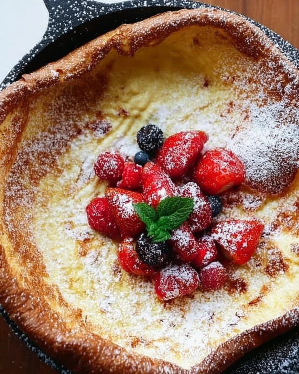 Delicious Dutch Baby pancake fresh out of the oven, topped with powdered sugar and fruit.