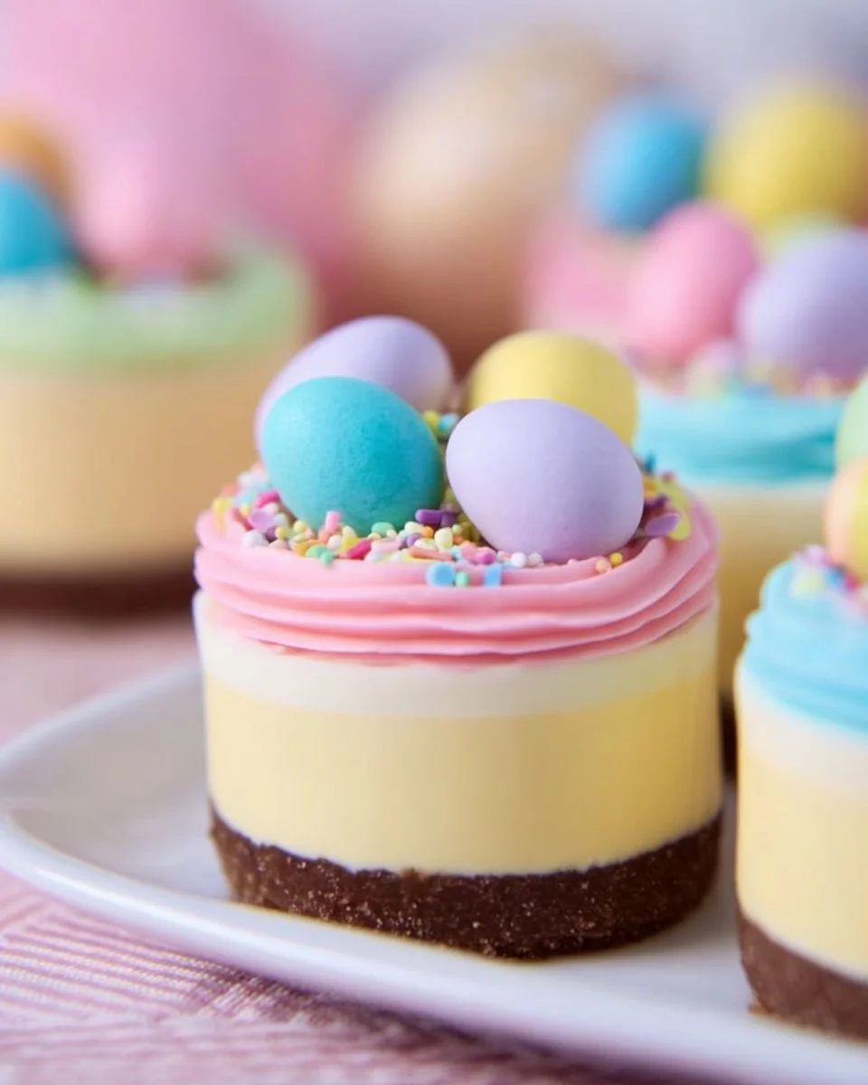 Delicious no-bake mini cheesecakes topped with Easter decorations.