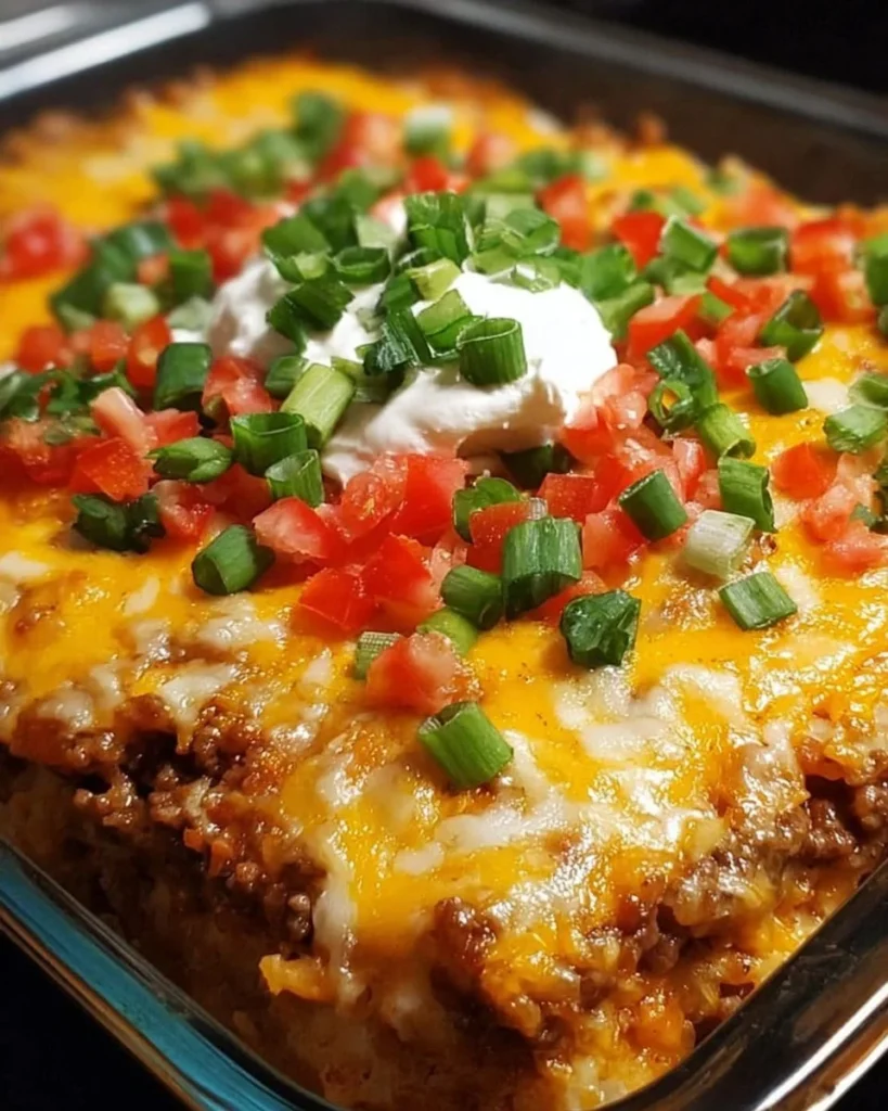 Delicious easy cheesy taco casserole with melty cheese and fresh toppings