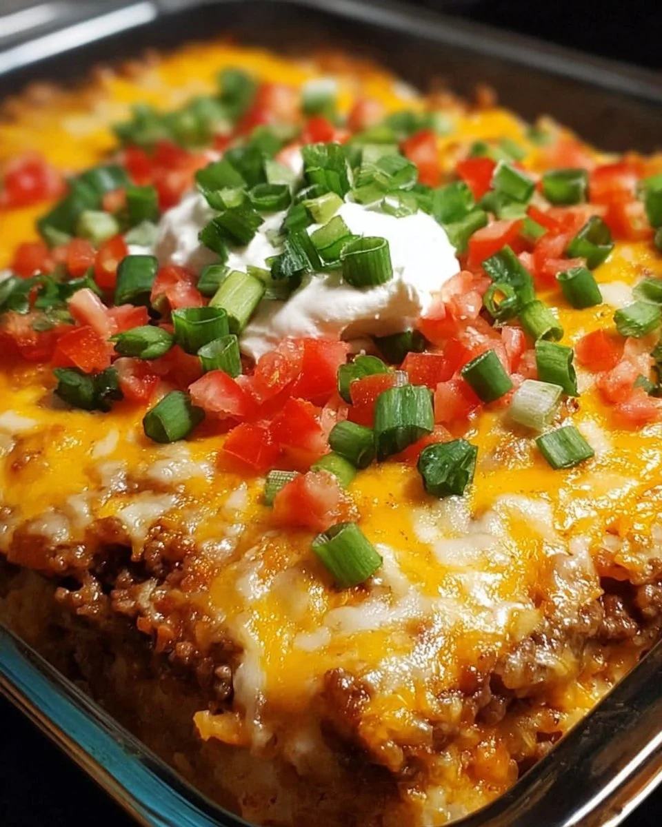 Delicious easy cheesy taco casserole with melty cheese and fresh toppings