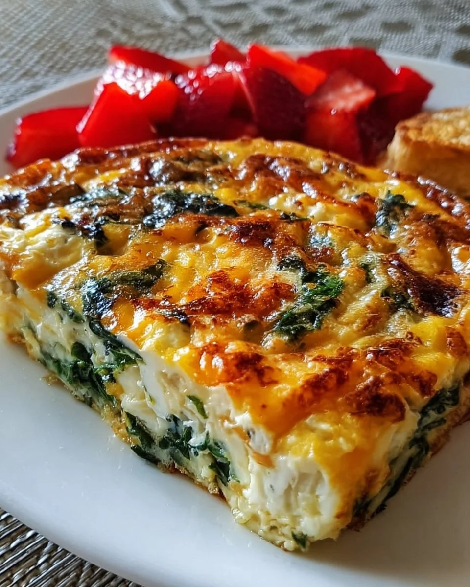 Delicious cottage cheese egg bake with spinach and cheese tortillas on a plate