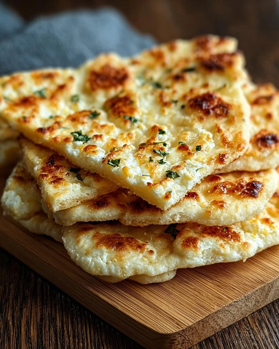 Delicious easy cottage cheese flatbread recipe on a wooden board.