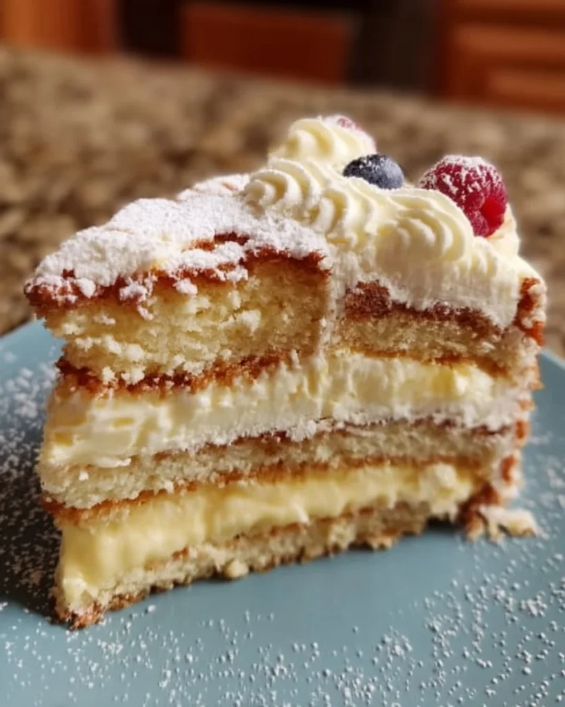 Slice of easy German Bavarian cream cake with vanilla custard filling