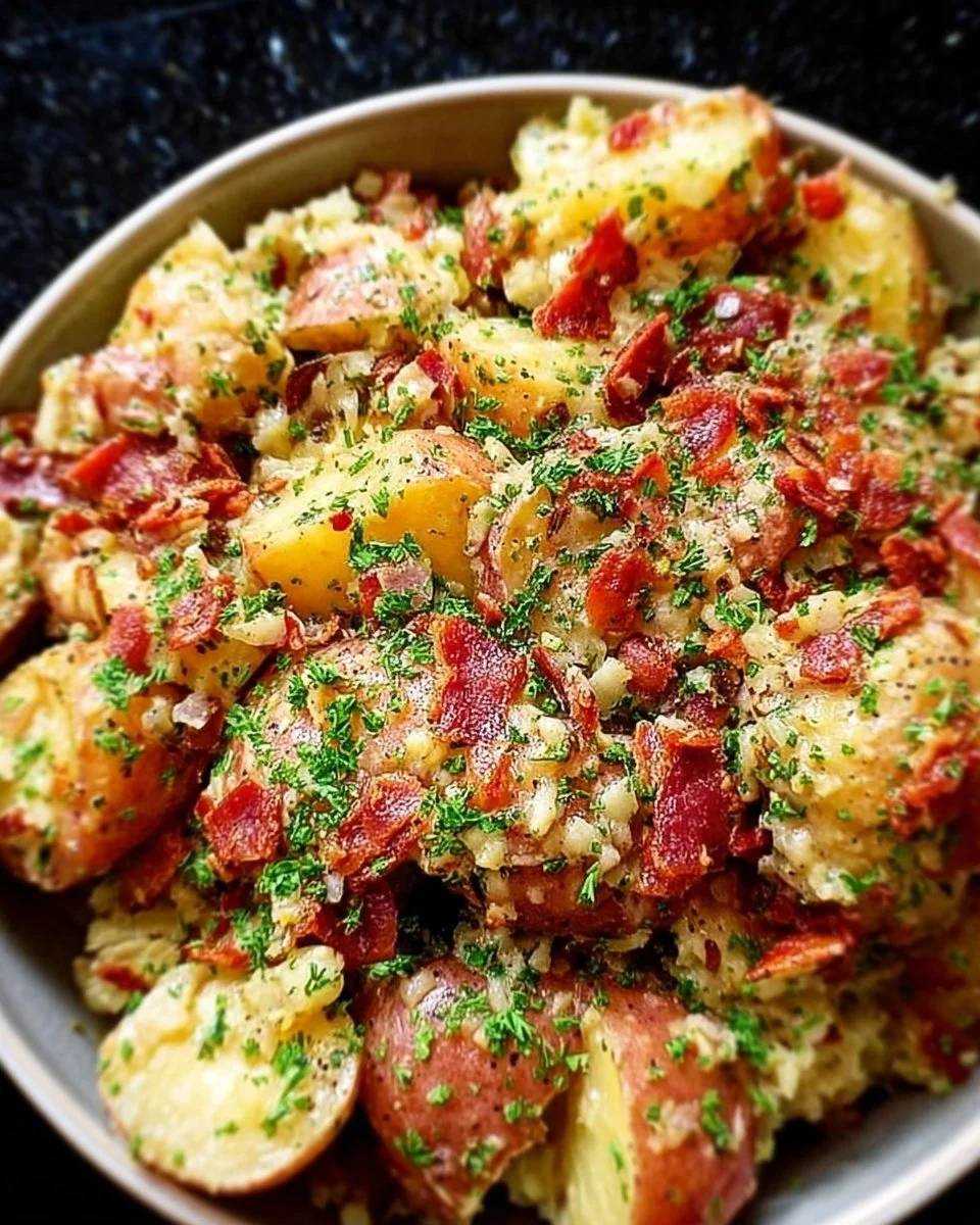 Bowl of easy old-fashioned German potato salad made without bacon