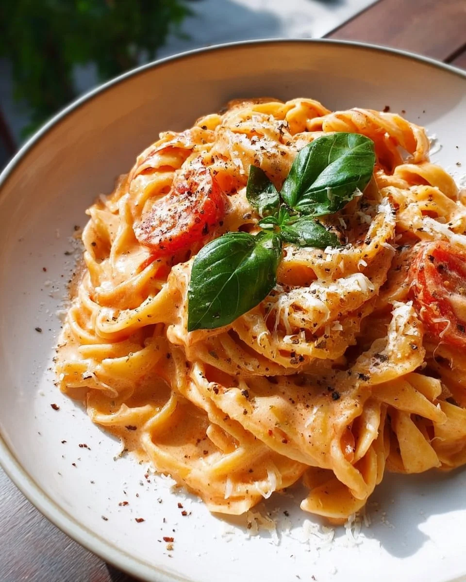 Easy one pot creamy tomato pasta served in a bowl