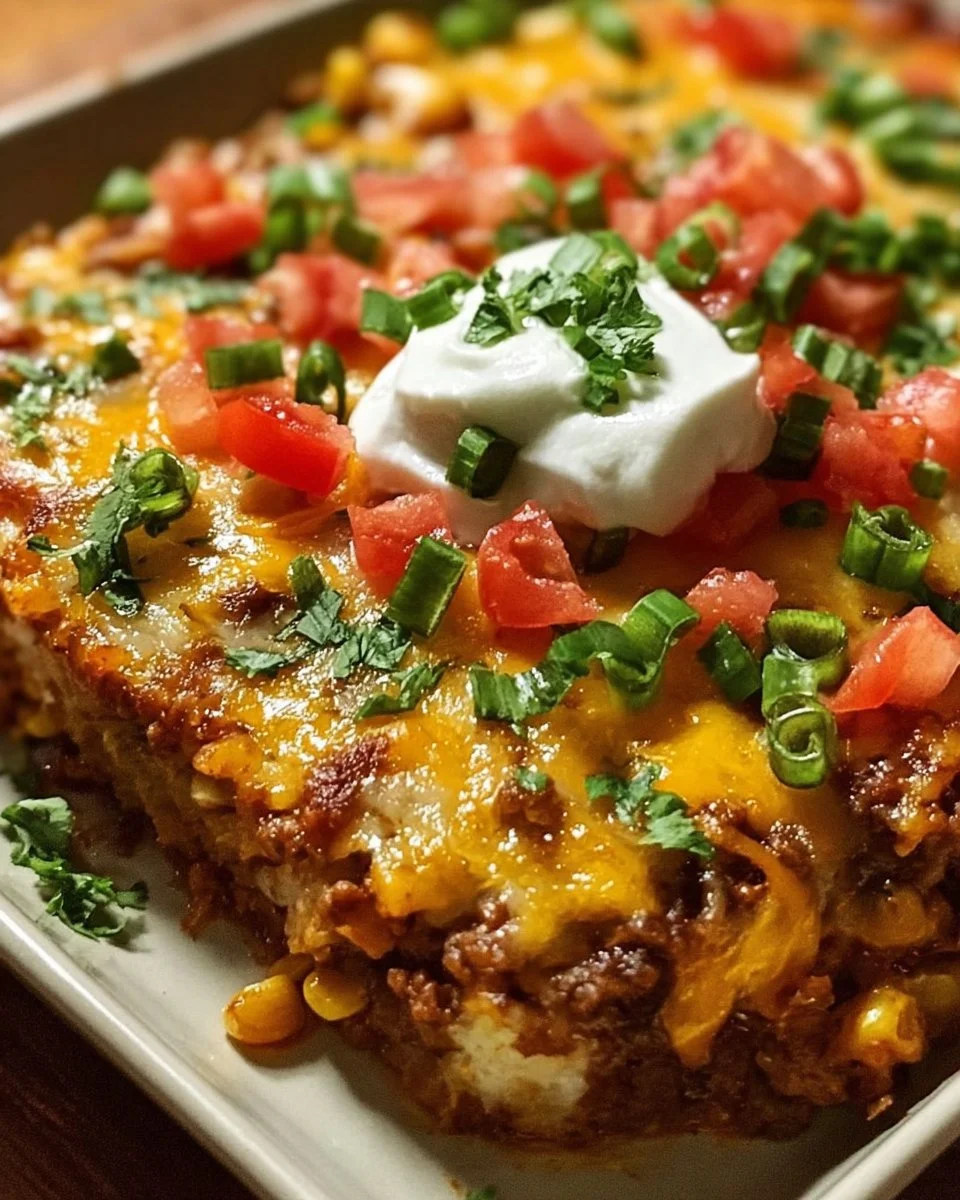 Easy taco bake casserole served in a dish with toppings and melted cheese