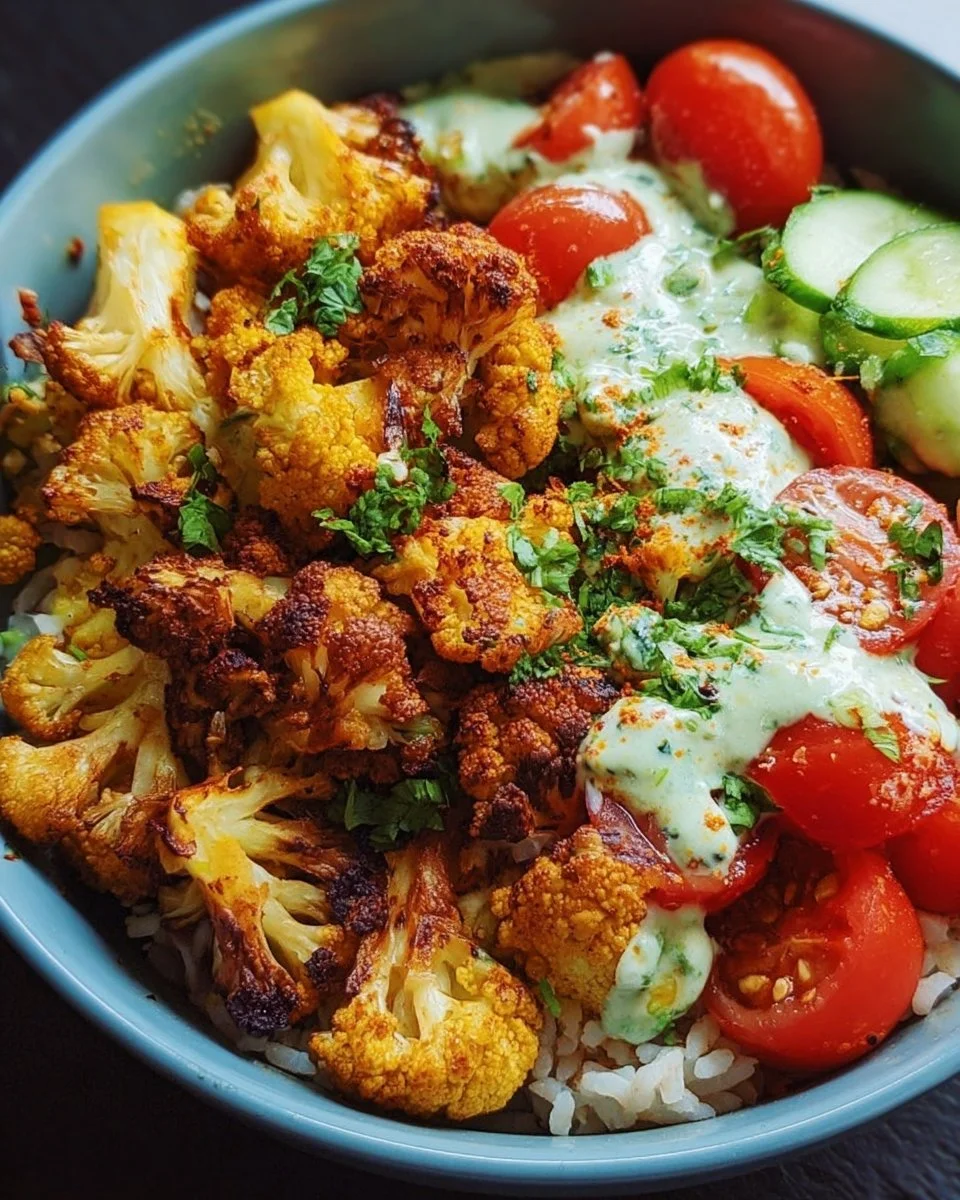 Delicious vegan cauliflower shawarma bowls with vibrant vegetables and spices