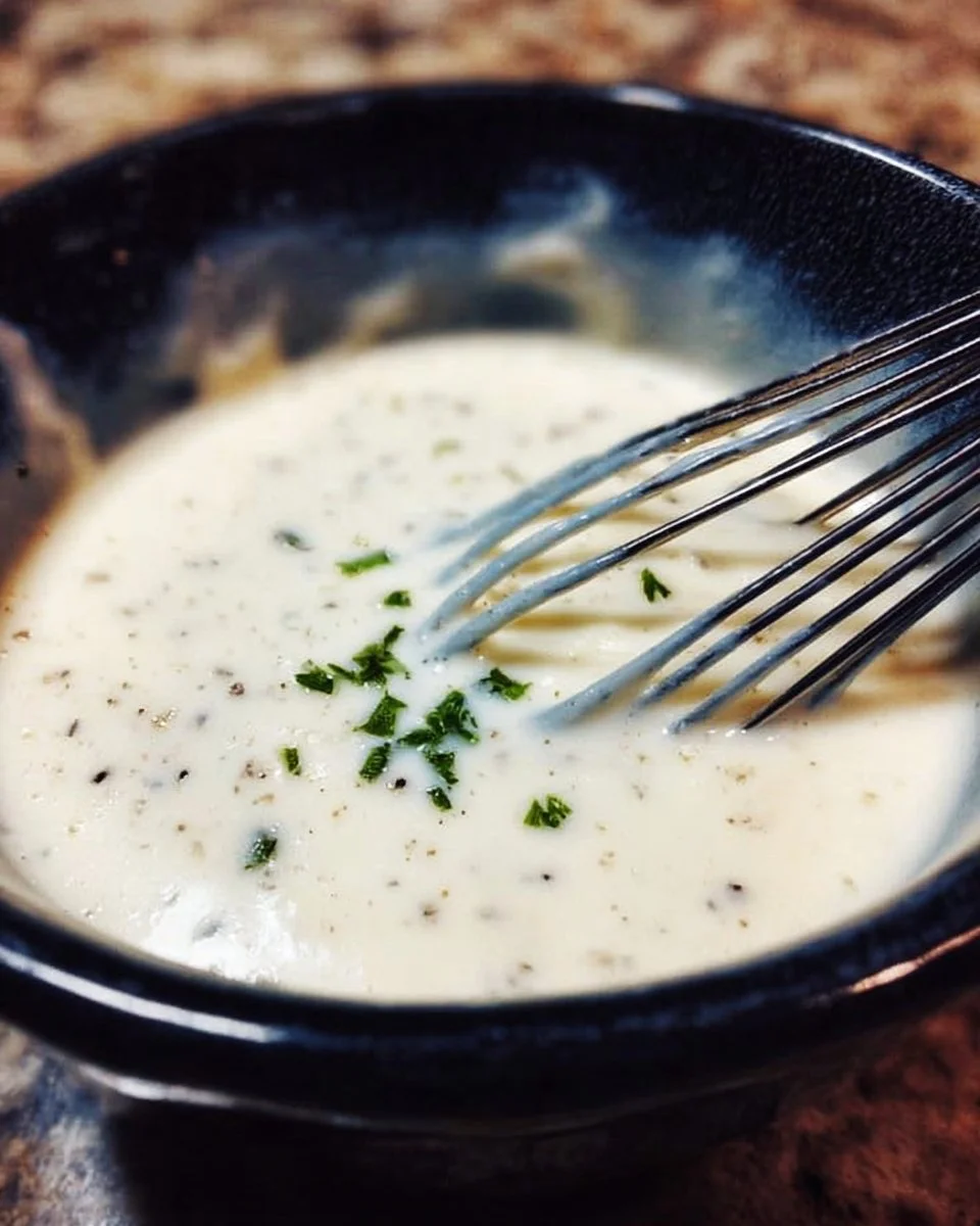 A bowl of easy homemade white gravy served with biscuits