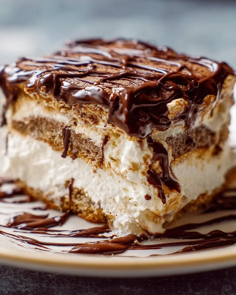 Delicious Eclair Ice Box Cake layered with cream in a decorative dish