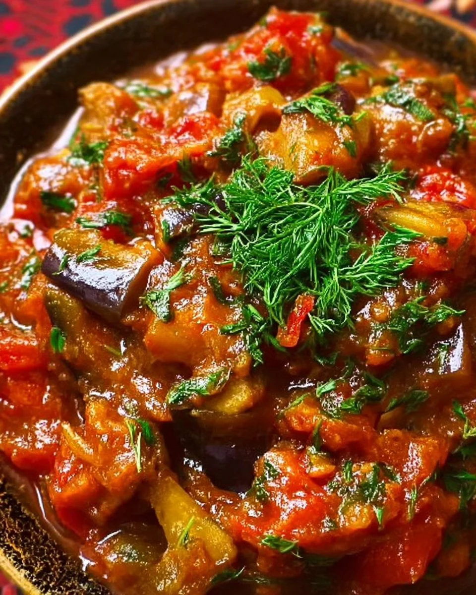 Eggplant in flavorful tomato sauce served in a bowl, garnished with herbs.