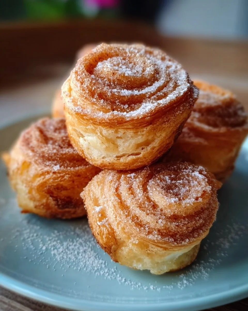 Delicious flaky cruffins with a cinnamon sugar filling on a wooden table
