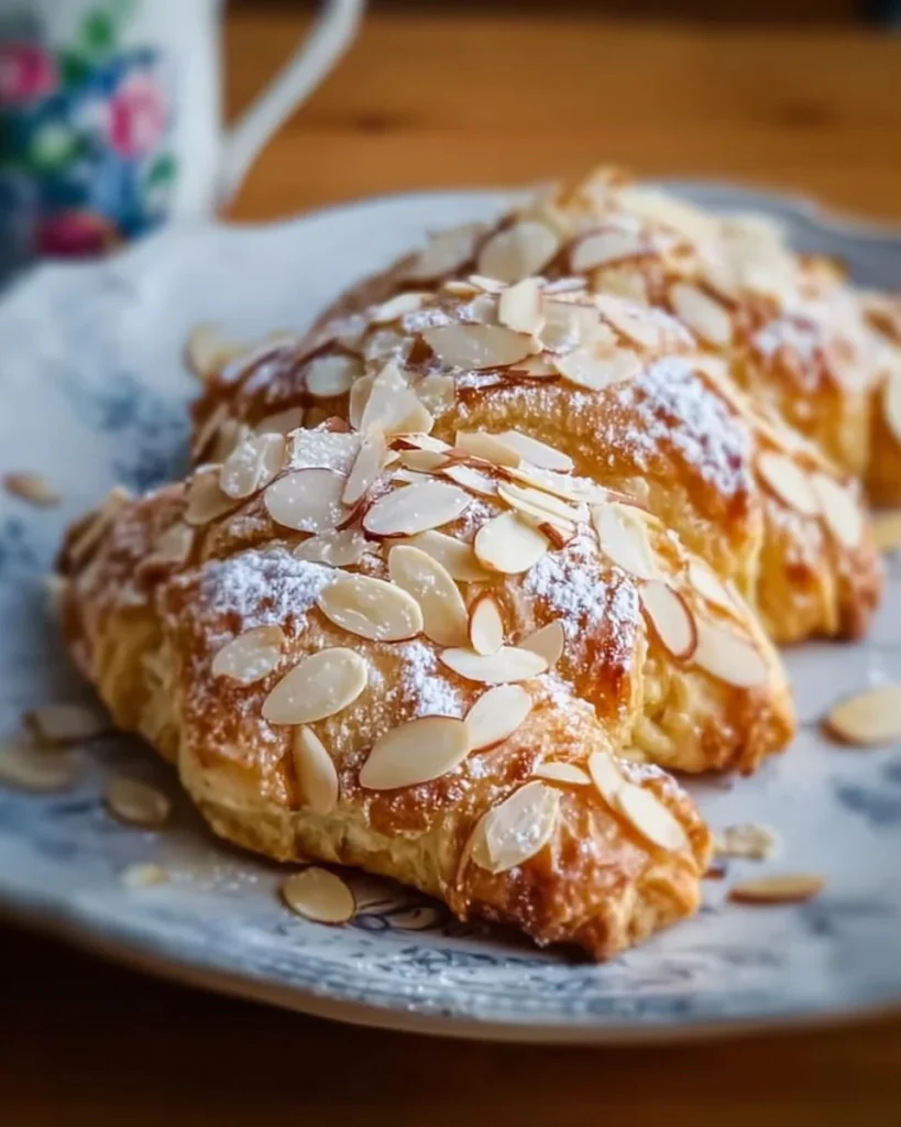 Flaky sweet almond pastry on a rustic wooden surface, perfect for dessert lovers.