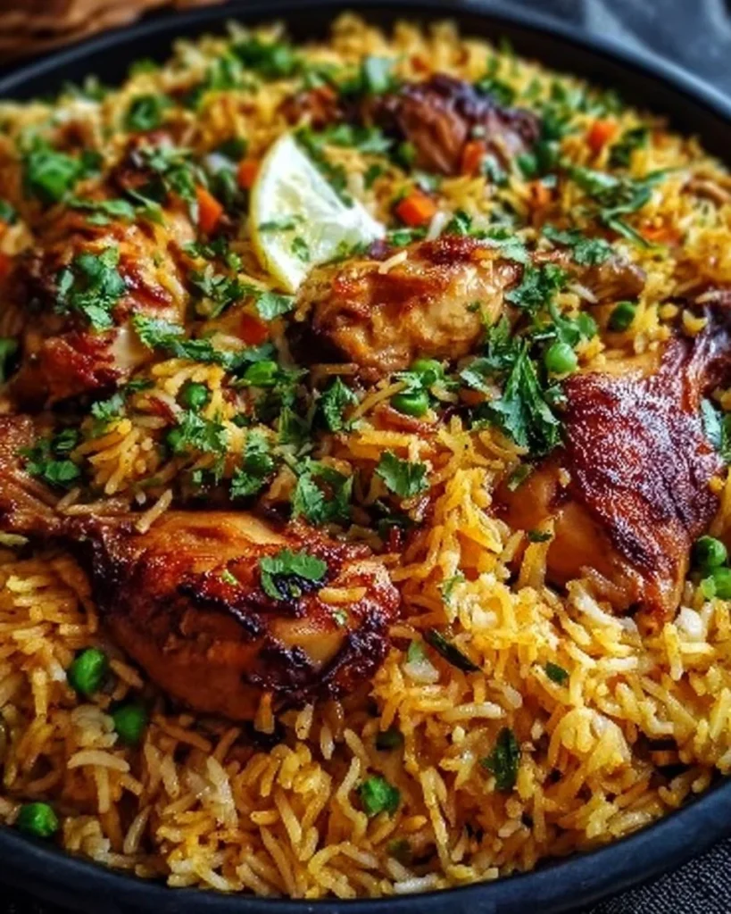 Delicious Arabic chicken and rice kabsa served on a traditional plate.