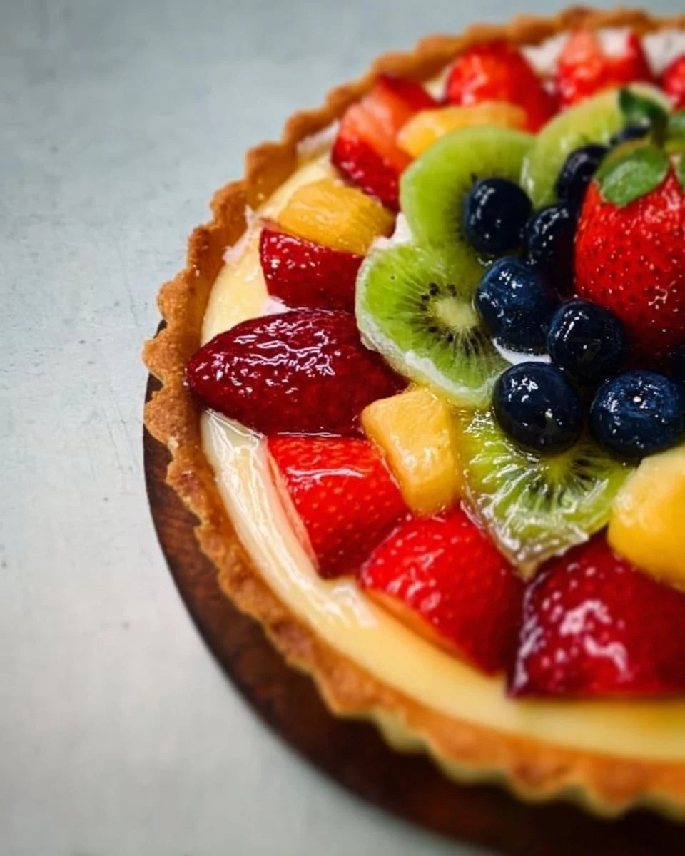 Fresh fruit tart topped with seasonal fruits on a flaky pastry crust