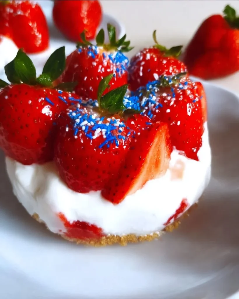 Fresh strawberry dessert beautifully presented on a plate with mint leaves.