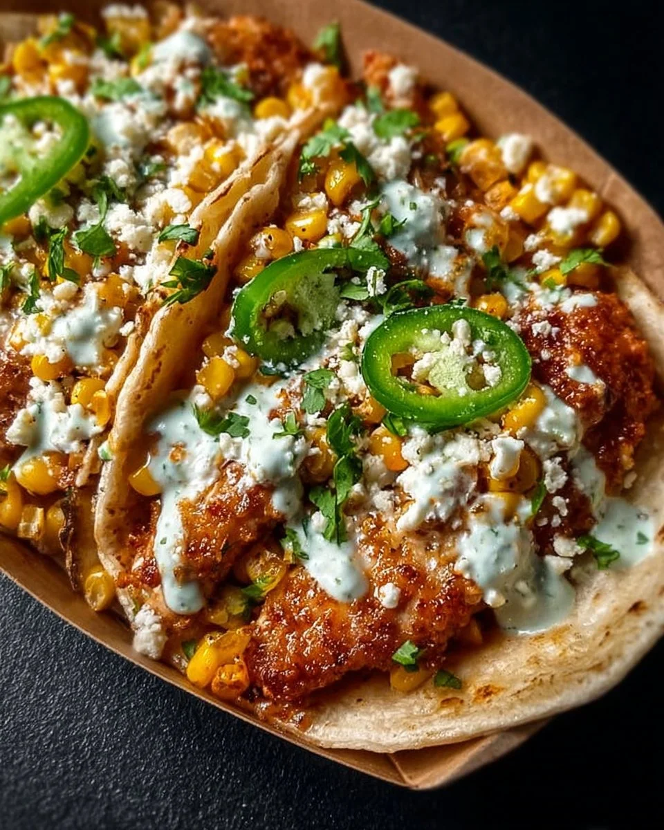 Fried chicken tacos with street corn and jalapeño lime ranch dressing