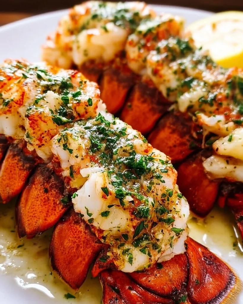 Garlic butter baked lobster tails garnished and ready to serve