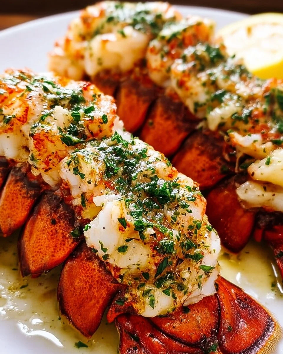 Garlic butter baked lobster tails garnished and ready to serve