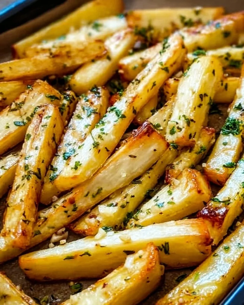 Delicious Garlic Butter Roasted Parsnips served on a plate