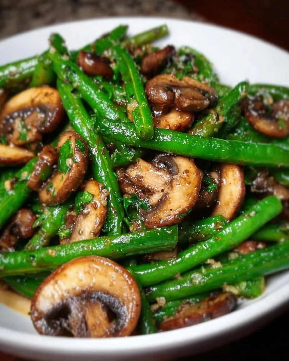 Garlic Butter Sautéed Green Beans with Mushrooms on a plate