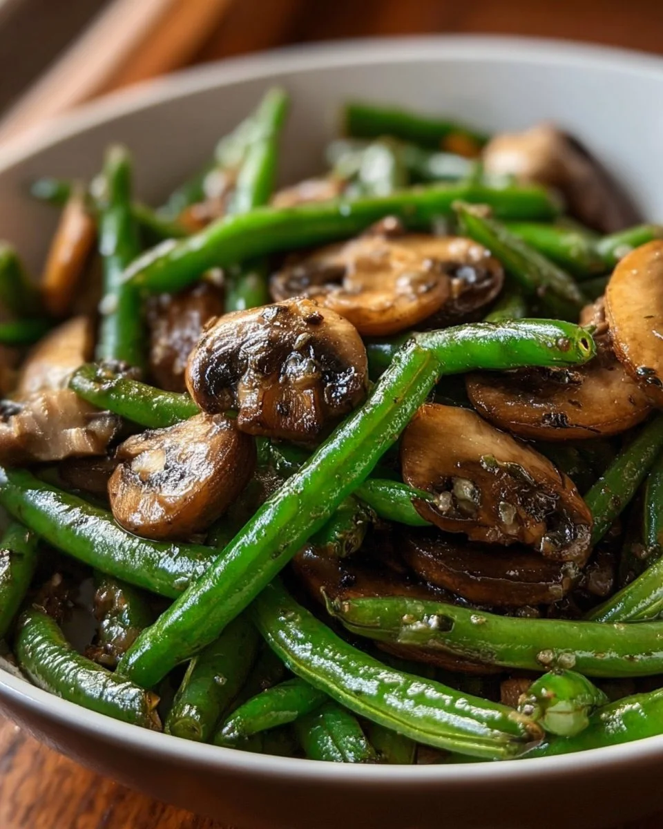 Textured photo of garlic butter sautéed green beans and mushrooms on a plate.