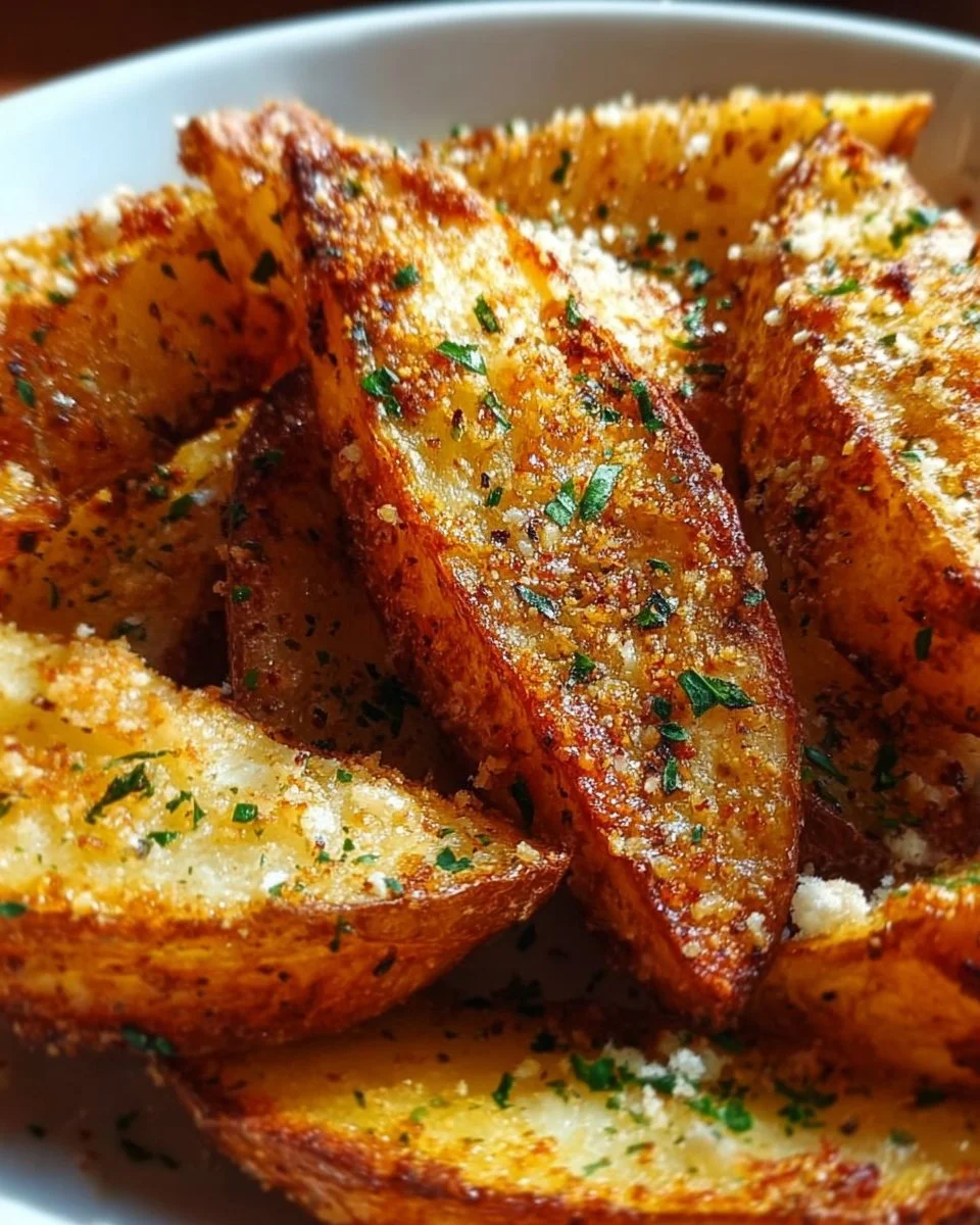 Delicious Garlic Parmesan Potato Wedges served with a dipping sauce