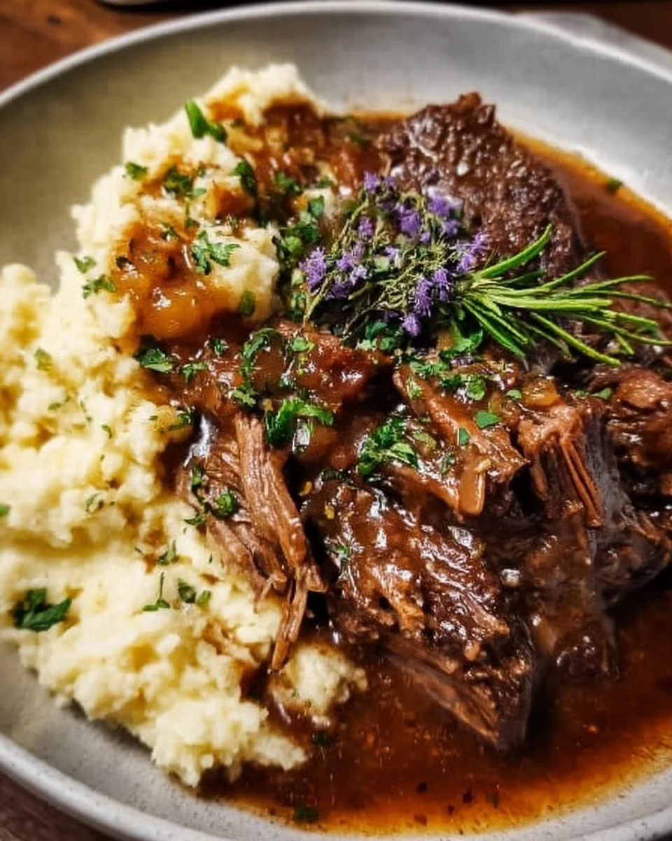 Plate of German braised beef served with vegetables and sauce.
