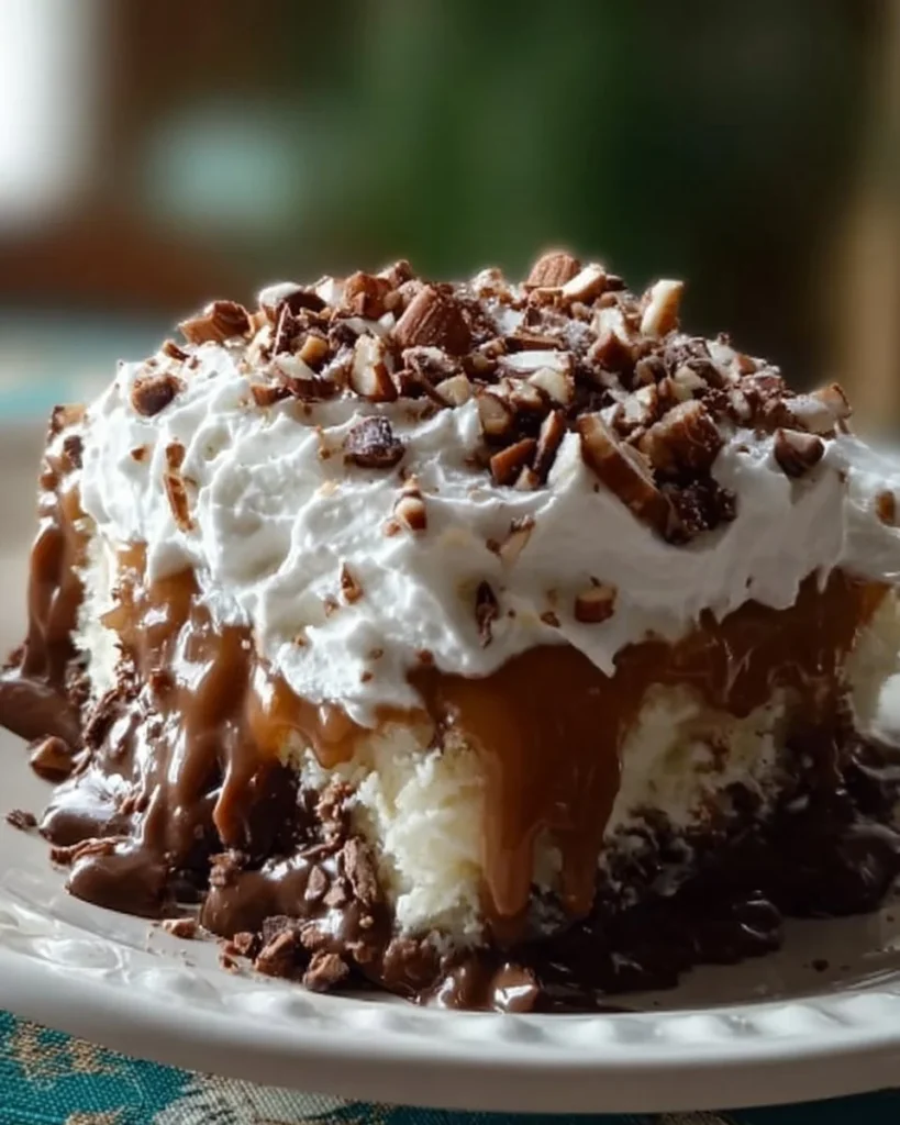 Slice of German Chocolate Poke Cake with chocolate and coconut topping