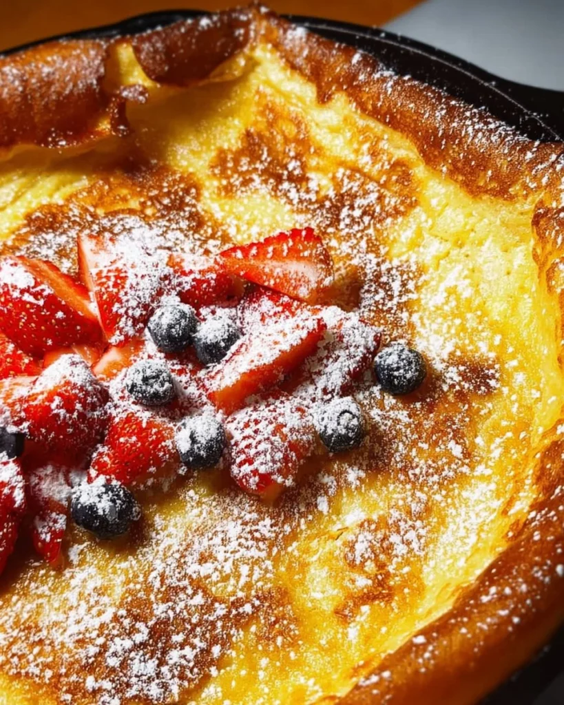 Fluffy German pancakes served with fresh fruit and powdered sugar