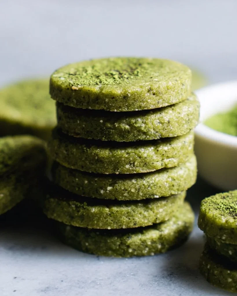 Gluten-free matcha shortbread cookies on a plate, garnished with green tea leaves.