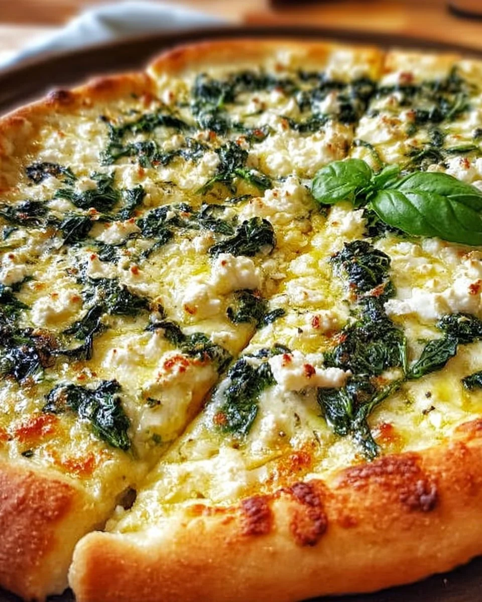 Greek roasted garlic spinach white pizza with fresh ingredients and cheese