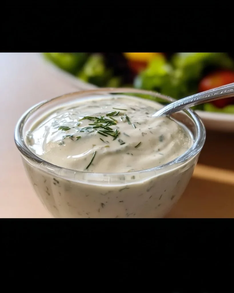 Creamy Greek yogurt salad dressing in a bowl with fresh herbs