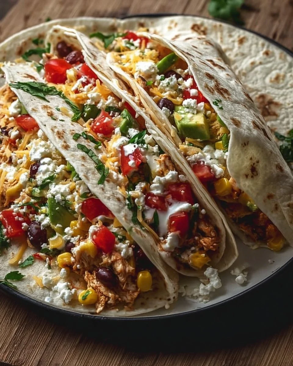 Colorful plate of healthy Mexican food including tacos and guacamole