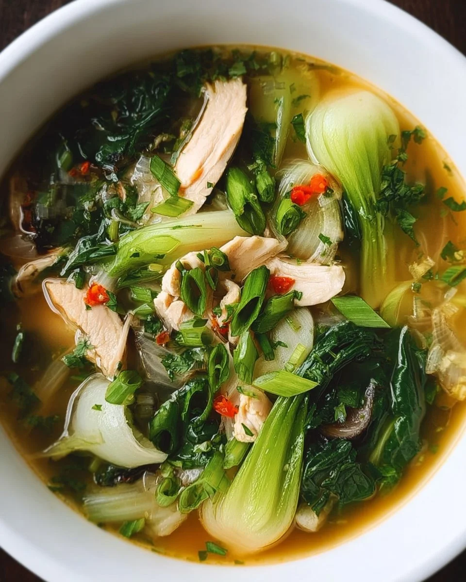 A bowl of hearty Bokchoy Chicken Soup with vegetables and tender chicken.