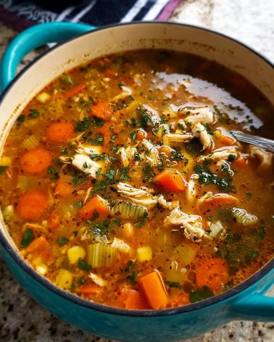 Bowl of hearty chicken vegetable soup with fresh ingredients and herbs