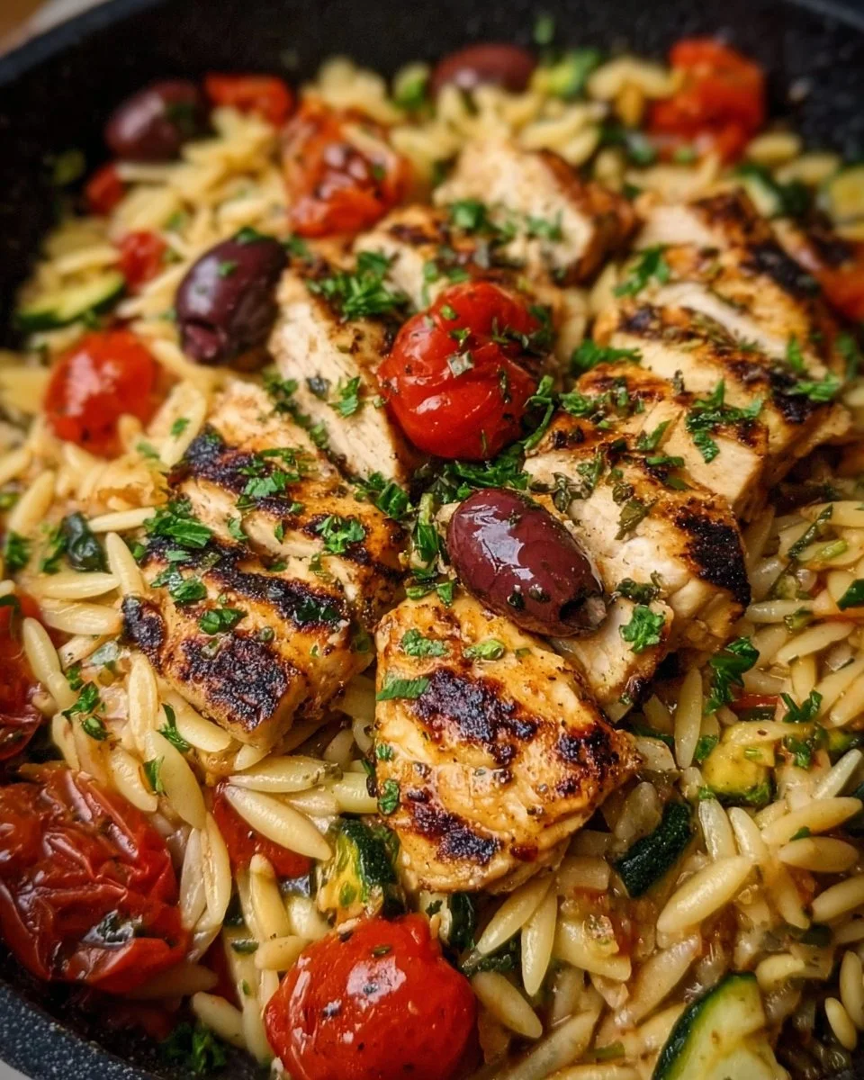 High Protein Mediterranean Chicken Orzo with colorful vegetables and herbs
