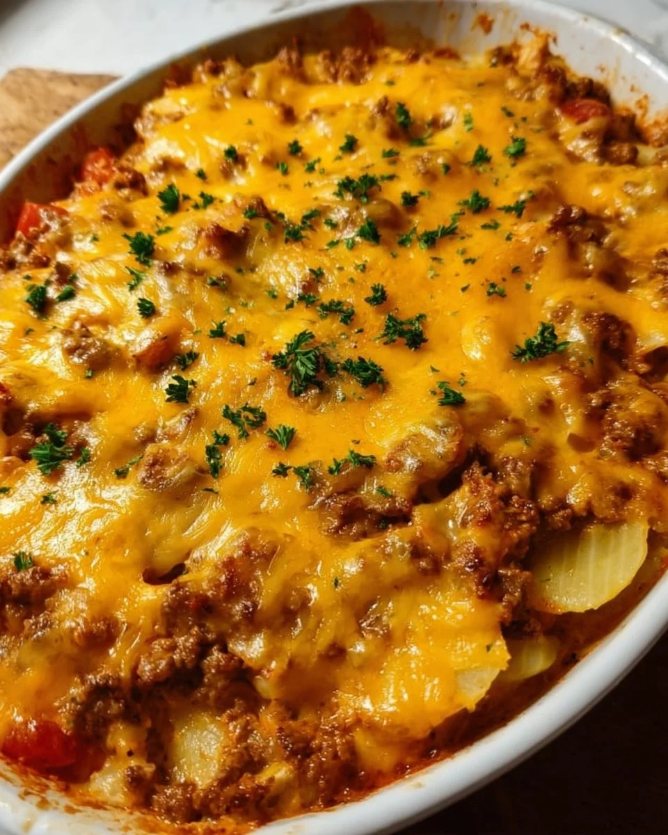 A hearty serving of Hobo Casserole featuring layers of meat and vegetables.