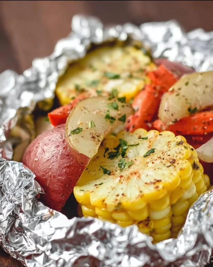 Hobo potato veggie packets with fresh vegetables wrapped in foil for grilling