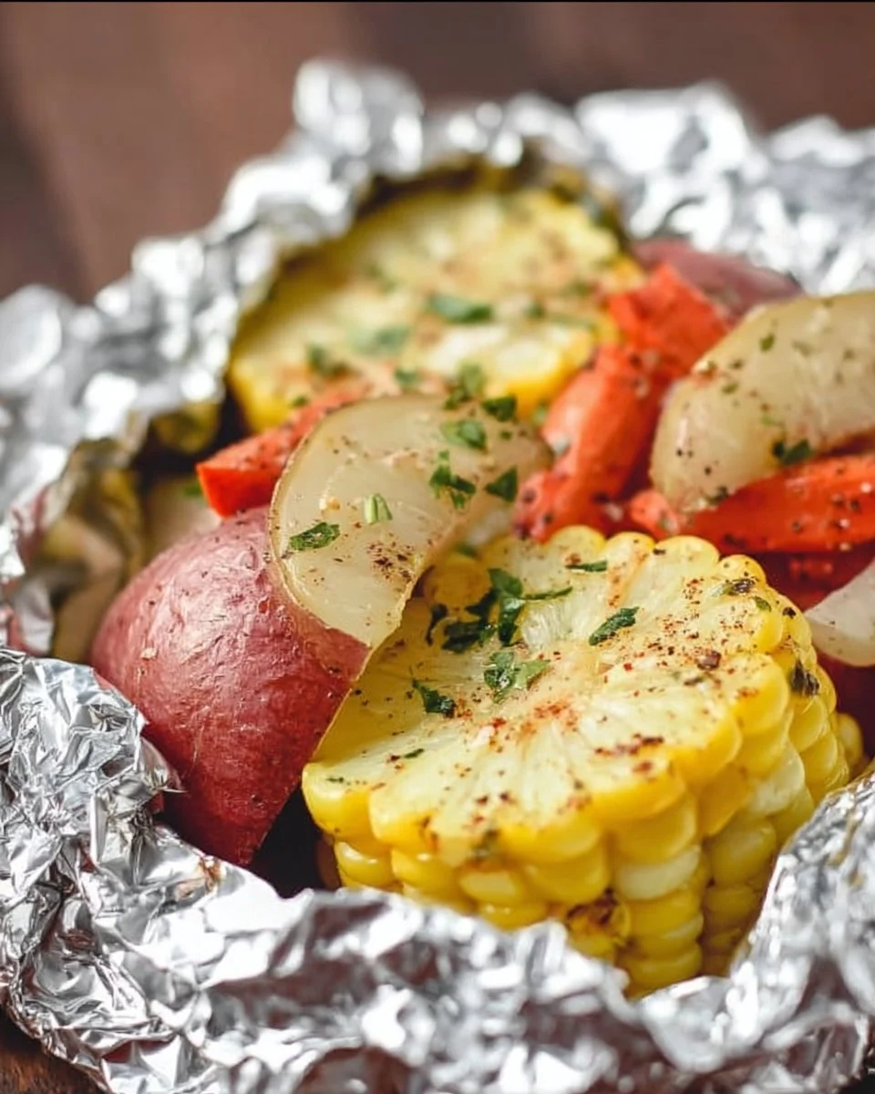 Hobo potato veggie packets with fresh vegetables wrapped in foil for grilling