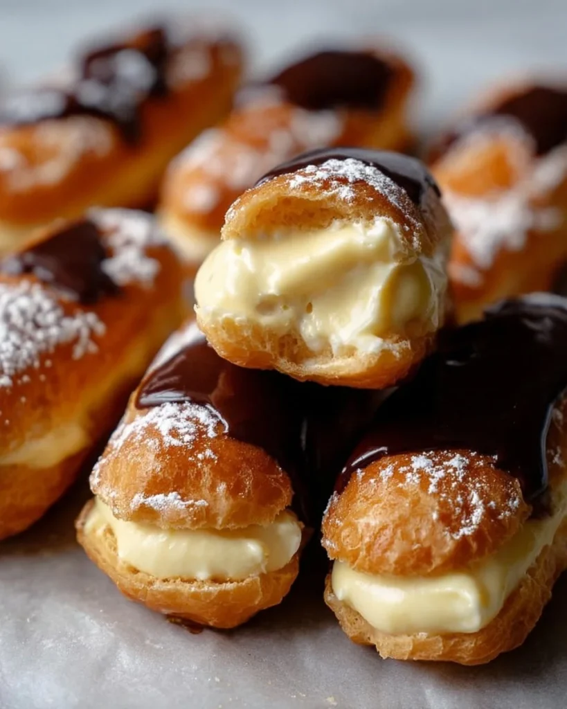 Homemade eclairs filled with creamy pastry cream on a plate