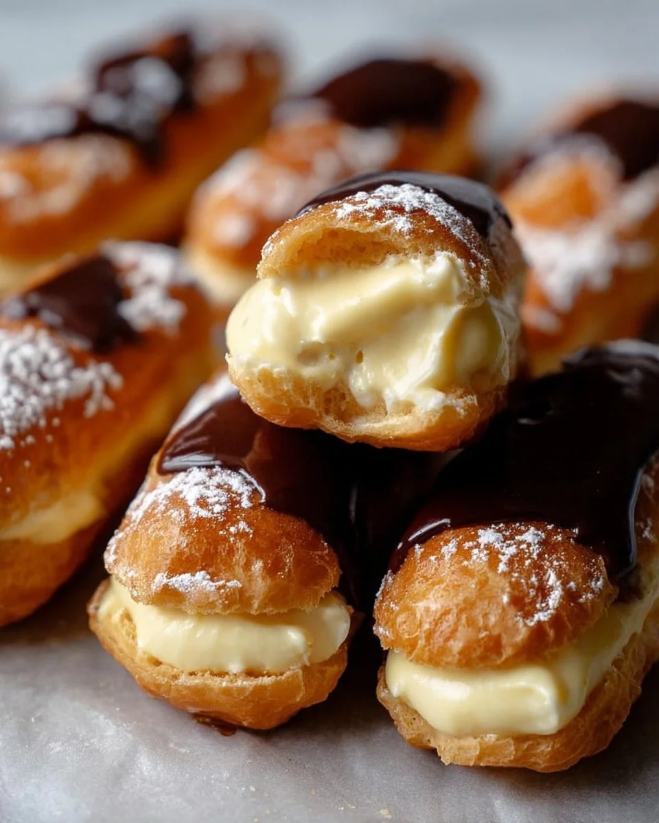 Homemade eclairs filled with creamy pastry cream on a plate