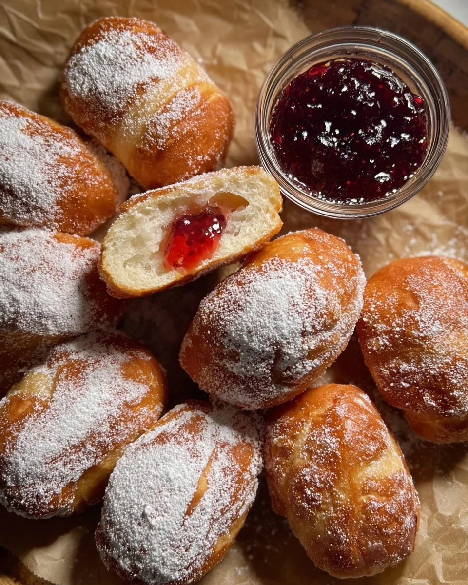 Jam and custard-filled doughnuts on a plate, a delicious dessert option.