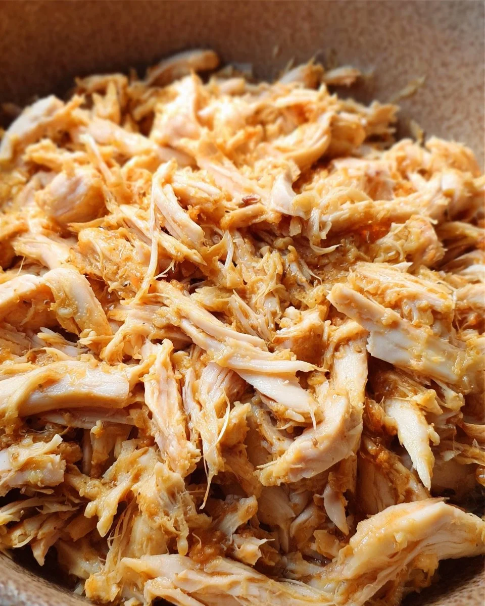 Plate of juiciest shredded chicken served with vegetables