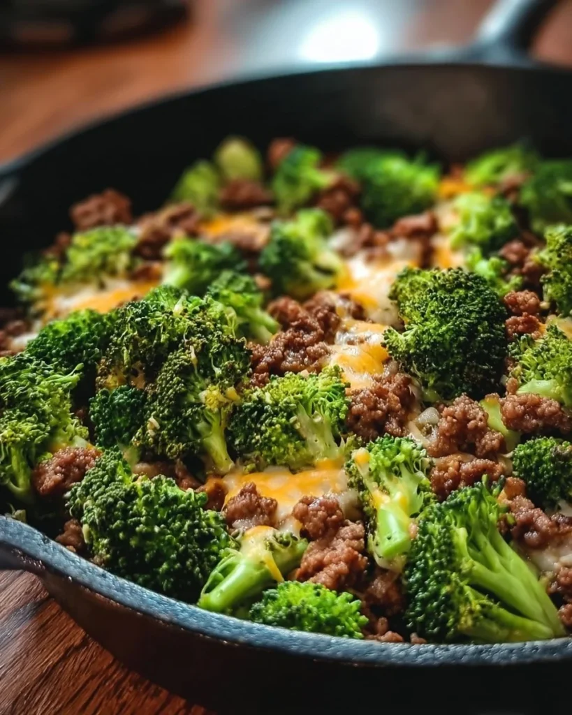 Keto Hamburger Broccoli Skillet dish featuring healthy ingredients