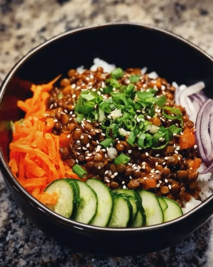 Delicious Korean lentils vegan bulgogi served in a bowl