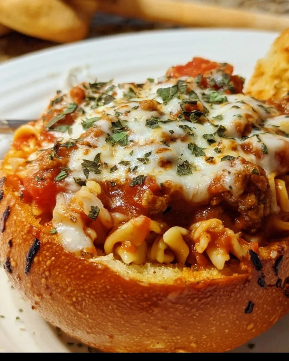 Lasagna Soup in a crispy garlic bread bowl, garnished with herbs and cheese.
