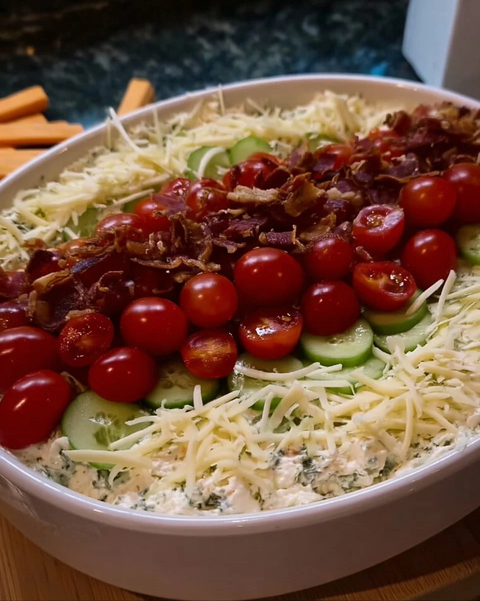 Layered party dip served in a colorful dish with tortilla chips